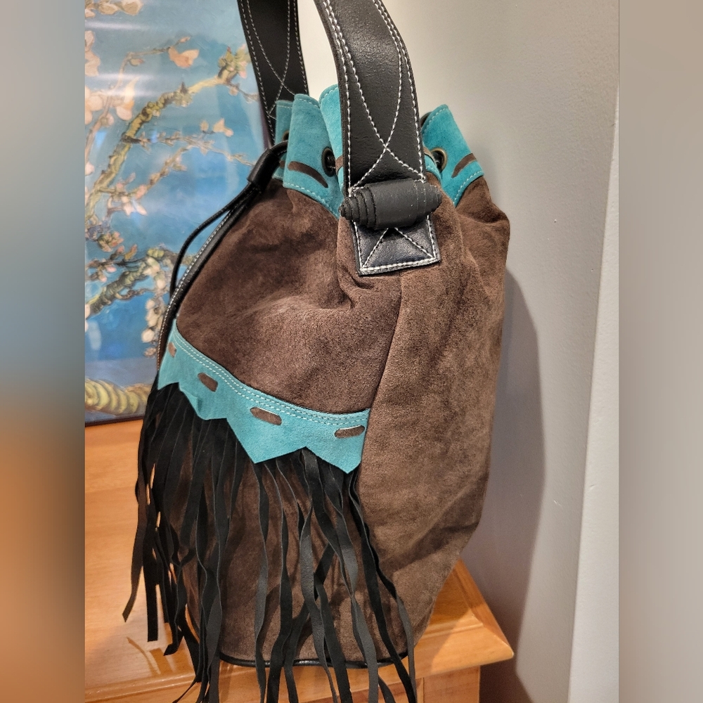 Leather bucket shoulder bag fringe vintage but never used teal & brown purse - Picture 7 of 12